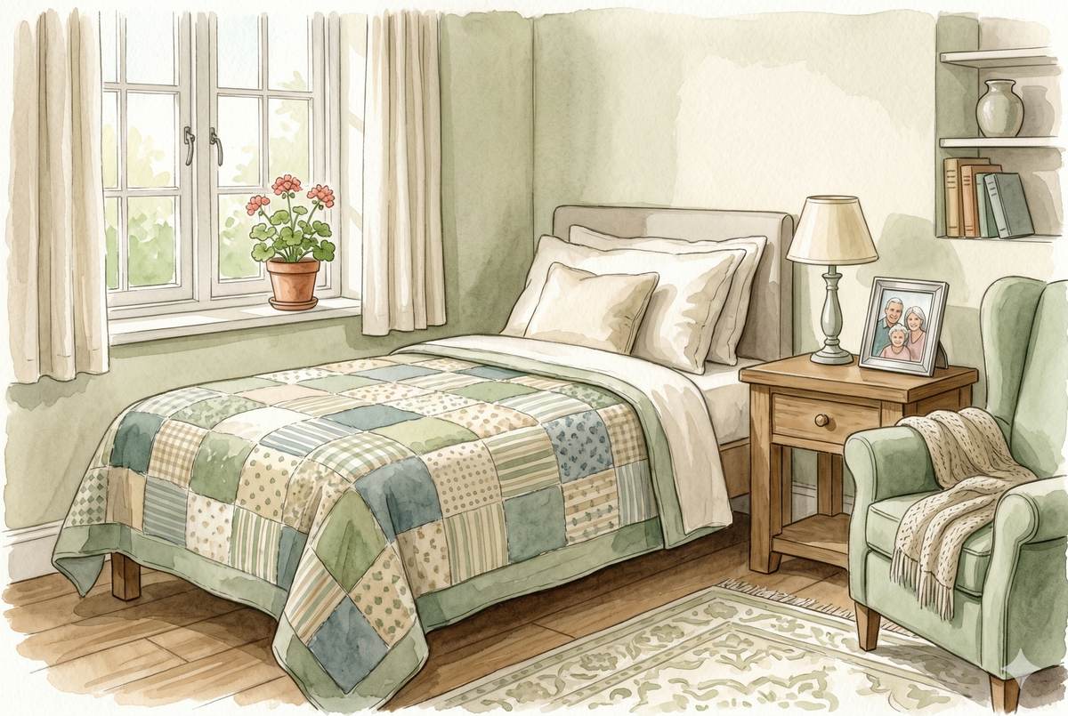 Watercolor illustration of a cozy bedroom in a care home with a framed family photo on the nightstand, a familiar quilt on the bed, and a small potted plant by the window