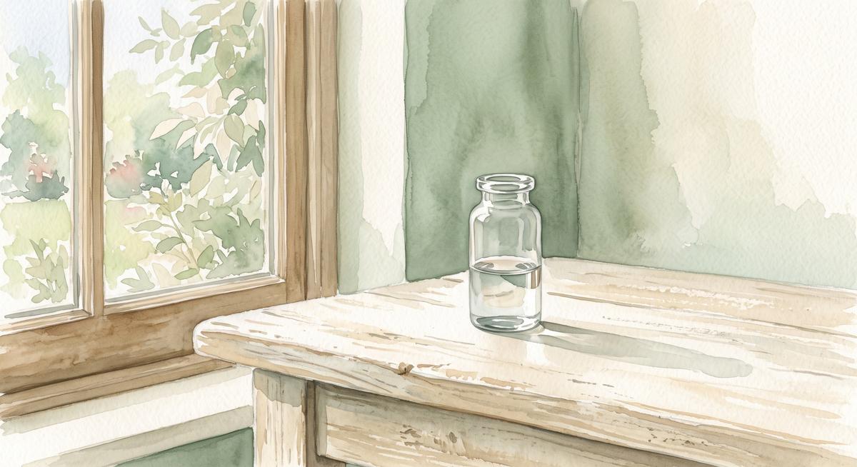 Watercolor illustration of a single plain unlabeled glass vial standing on a pale wooden bench beside a window, garden greenery outside and soft morning light, no people