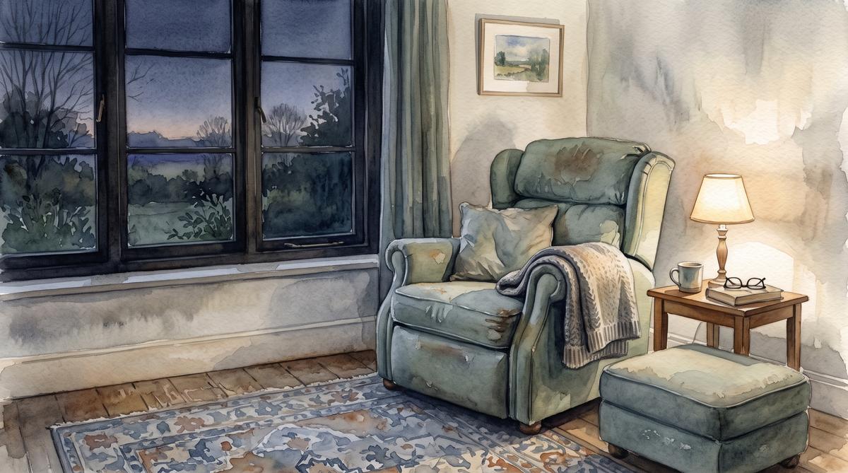 Watercolor illustration of a reclining armchair with a folded blanket over one arm and a footstool pulled close, standing by a dark window in the evening with a lamp lit nearby.