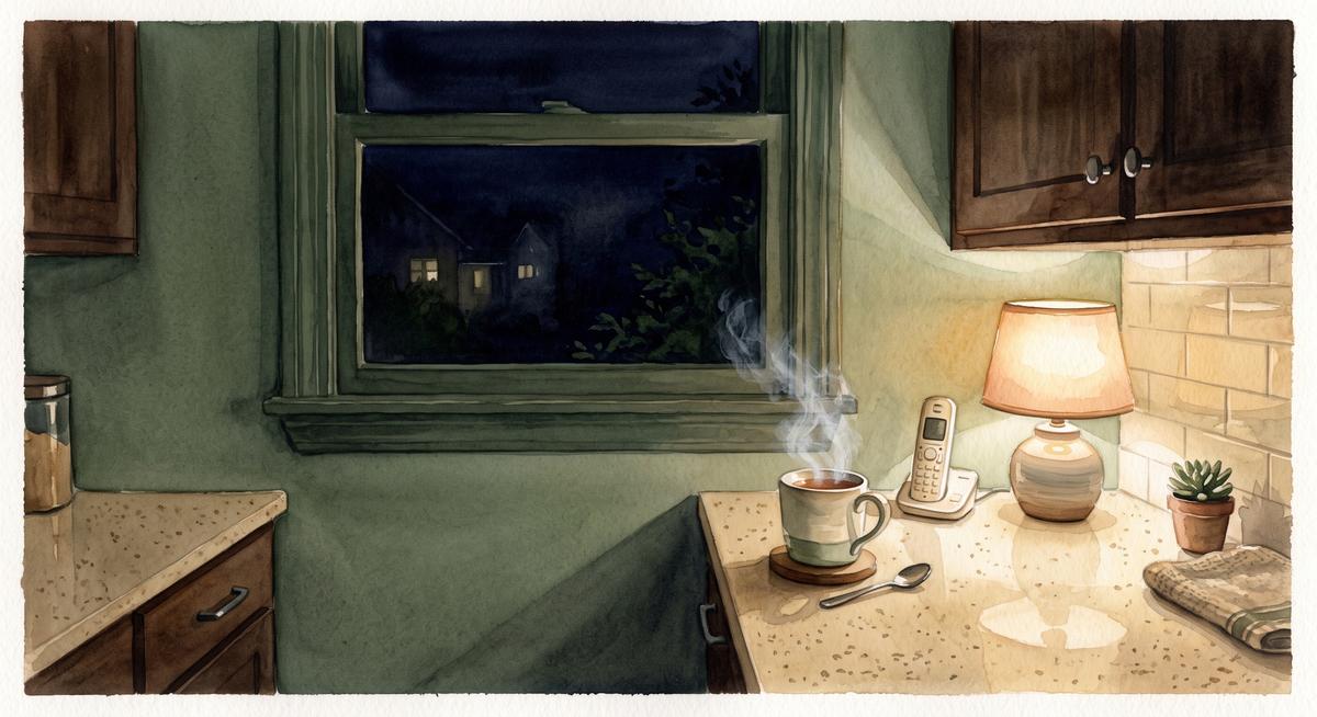 Watercolor illustration of a kitchen counter at night with a single lamp lit and a mug of tea beside a cordless phone handset, dark window above, no people