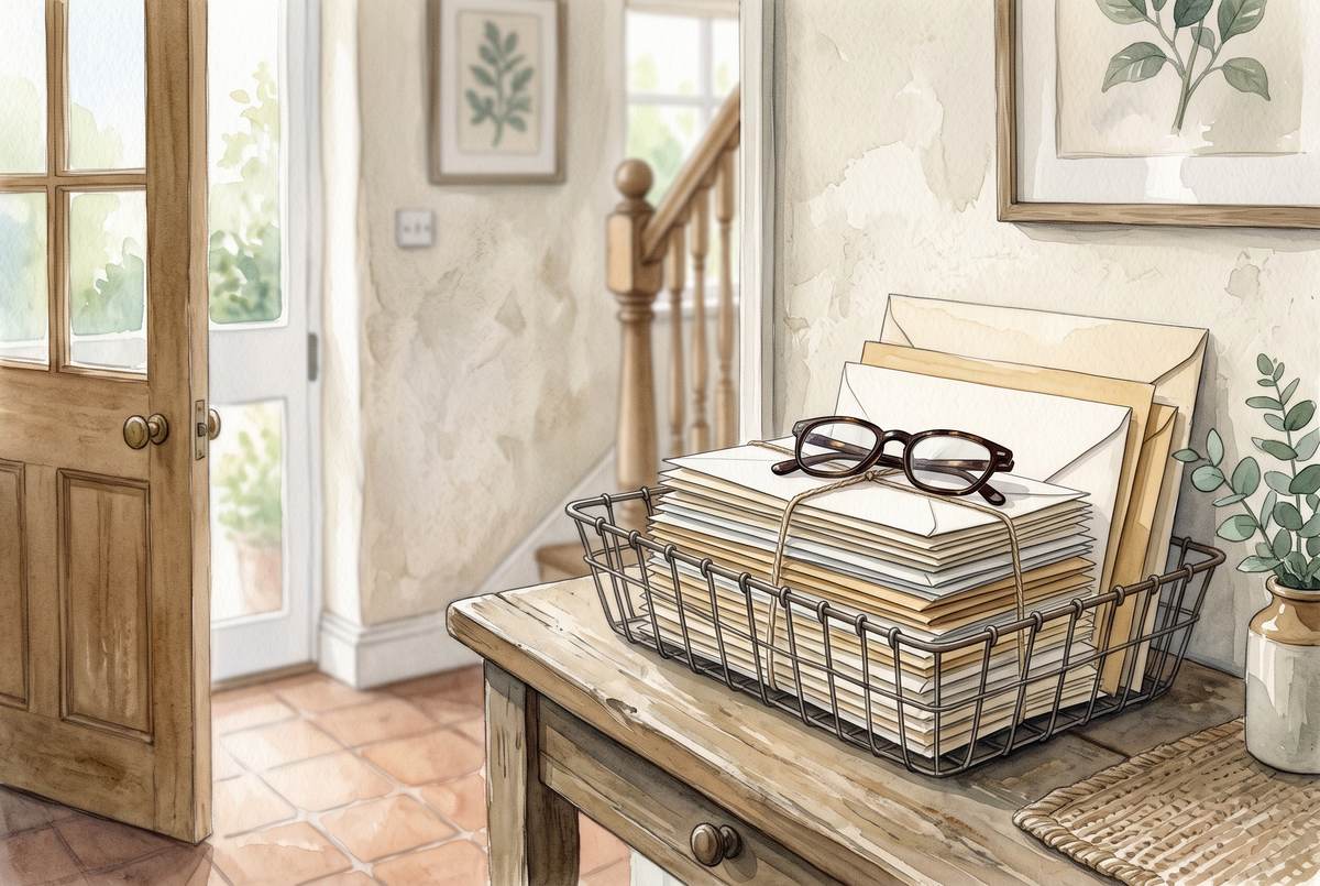 Watercolor illustration of a stack of unopened envelopes in a wire basket on a hallway table with reading glasses resting on top