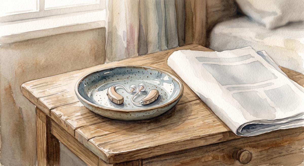 Watercolor illustration of a pair of small hearing aids resting in a shallow ceramic dish on a nightstand beside a folded newspaper.