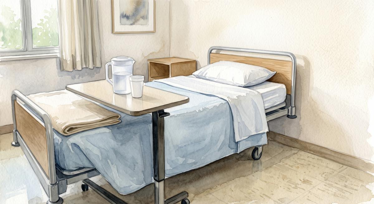 Watercolor illustration of a rolling hospital bedside tray table holding a plastic water pitcher and a cup, pushed against a neatly made bed.
