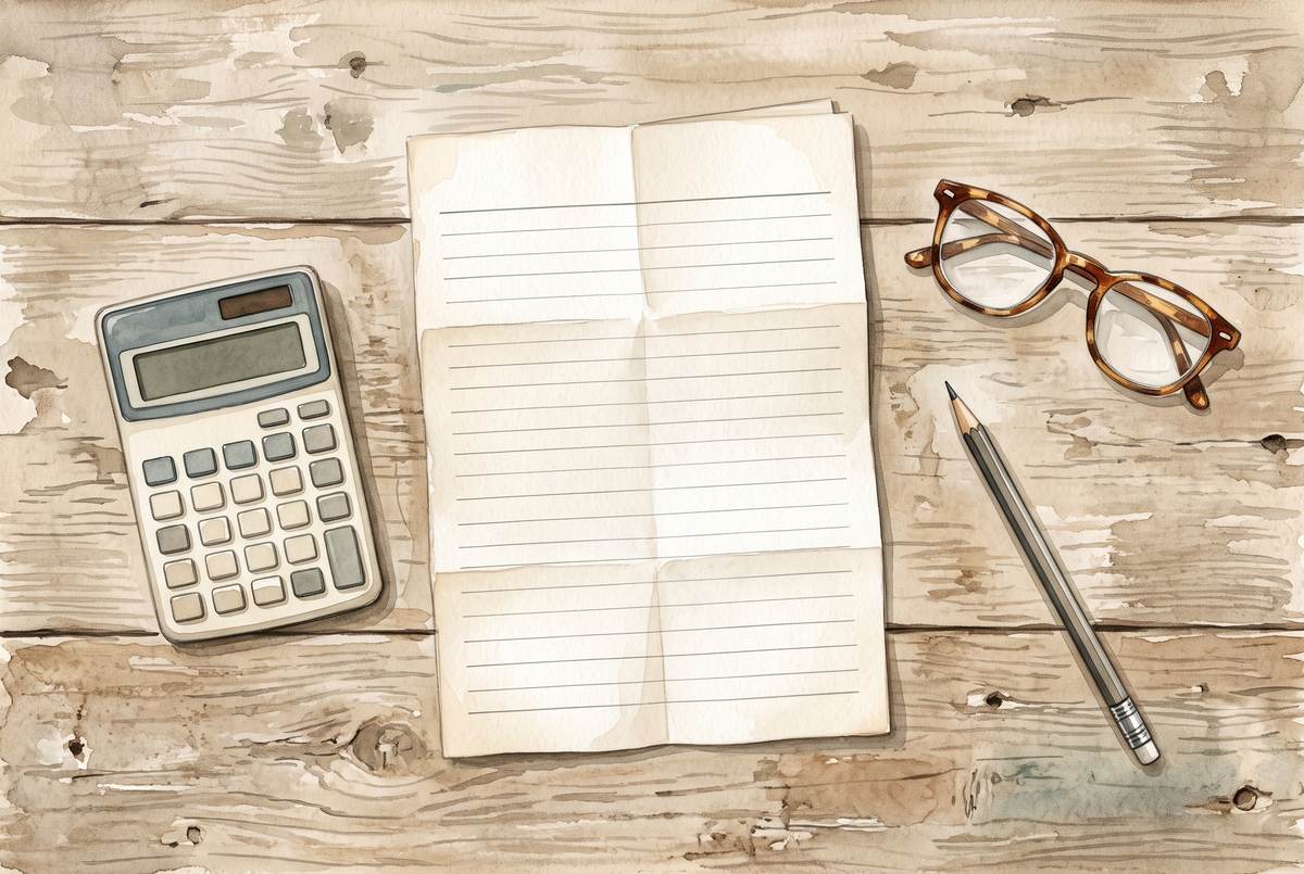 Watercolor overhead flat-lay of a budget worksheet, a calculator, reading glasses and a pencil on a worn wooden table