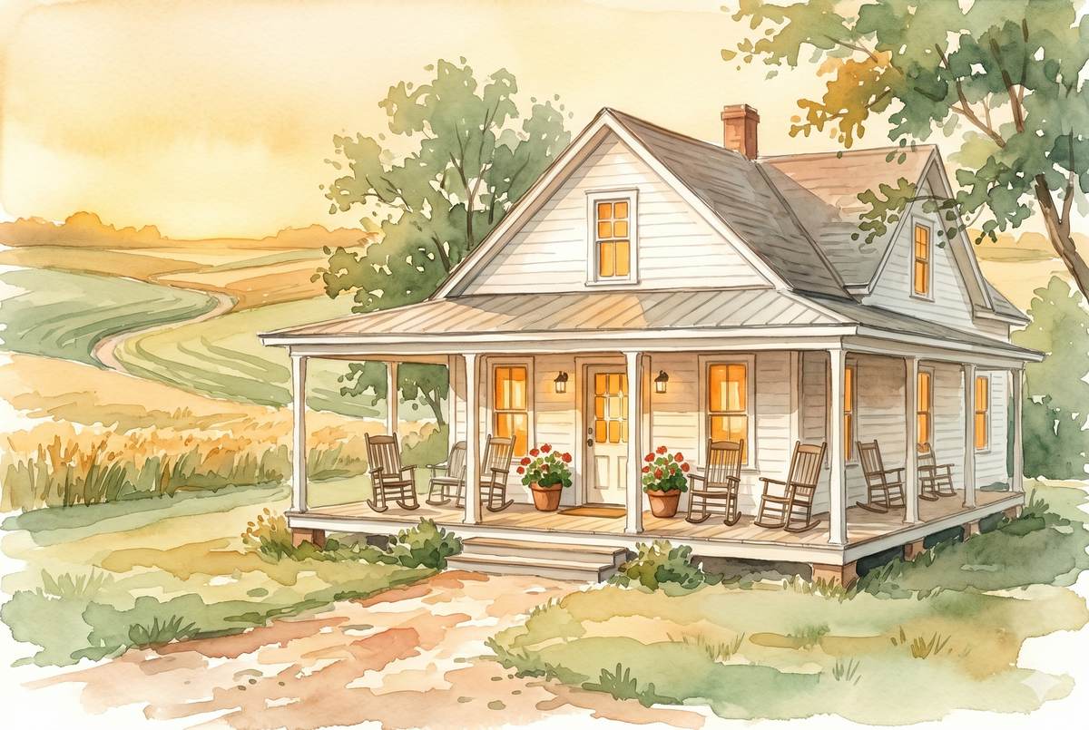 Watercolor illustration of a small white farmhouse with a wraparound porch at golden hour, fields in the background
