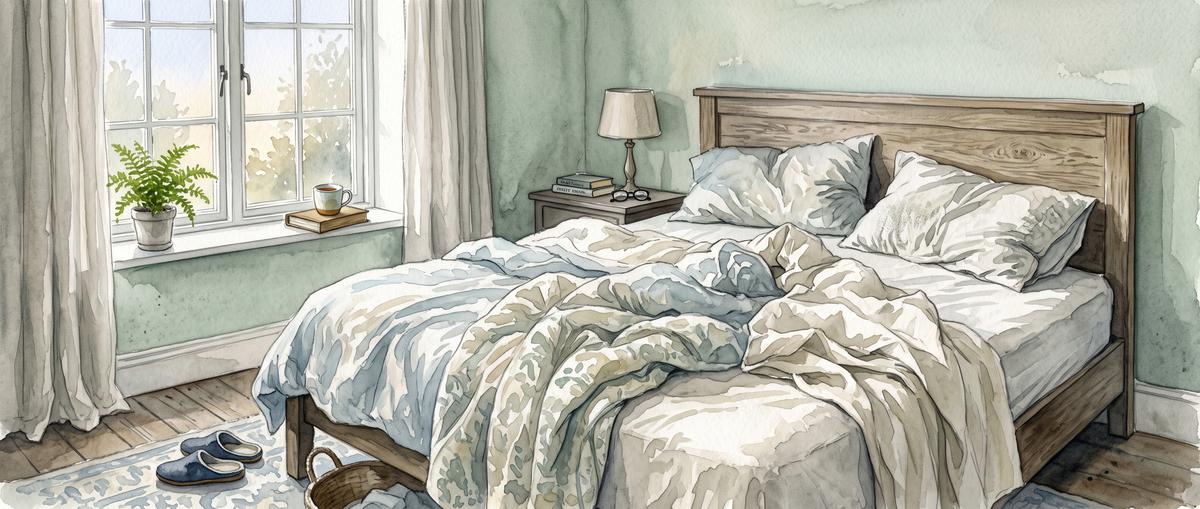 Watercolor illustration of an unmade bed in a quiet bedroom in the morning, blankets pushed aside and rumpled, slippers on the rug beside the bed, pale light through a window.