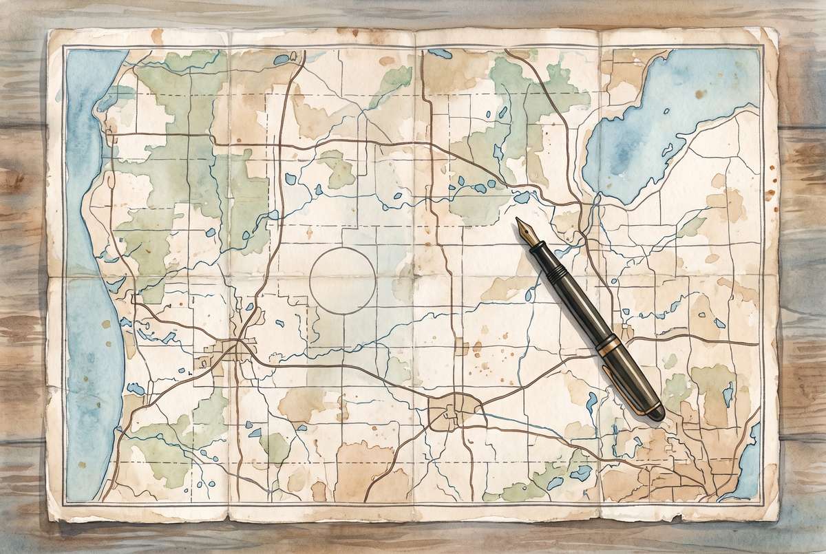 Watercolor illustration of a creased paper road map spread flat on a table with a fountain pen lying across it