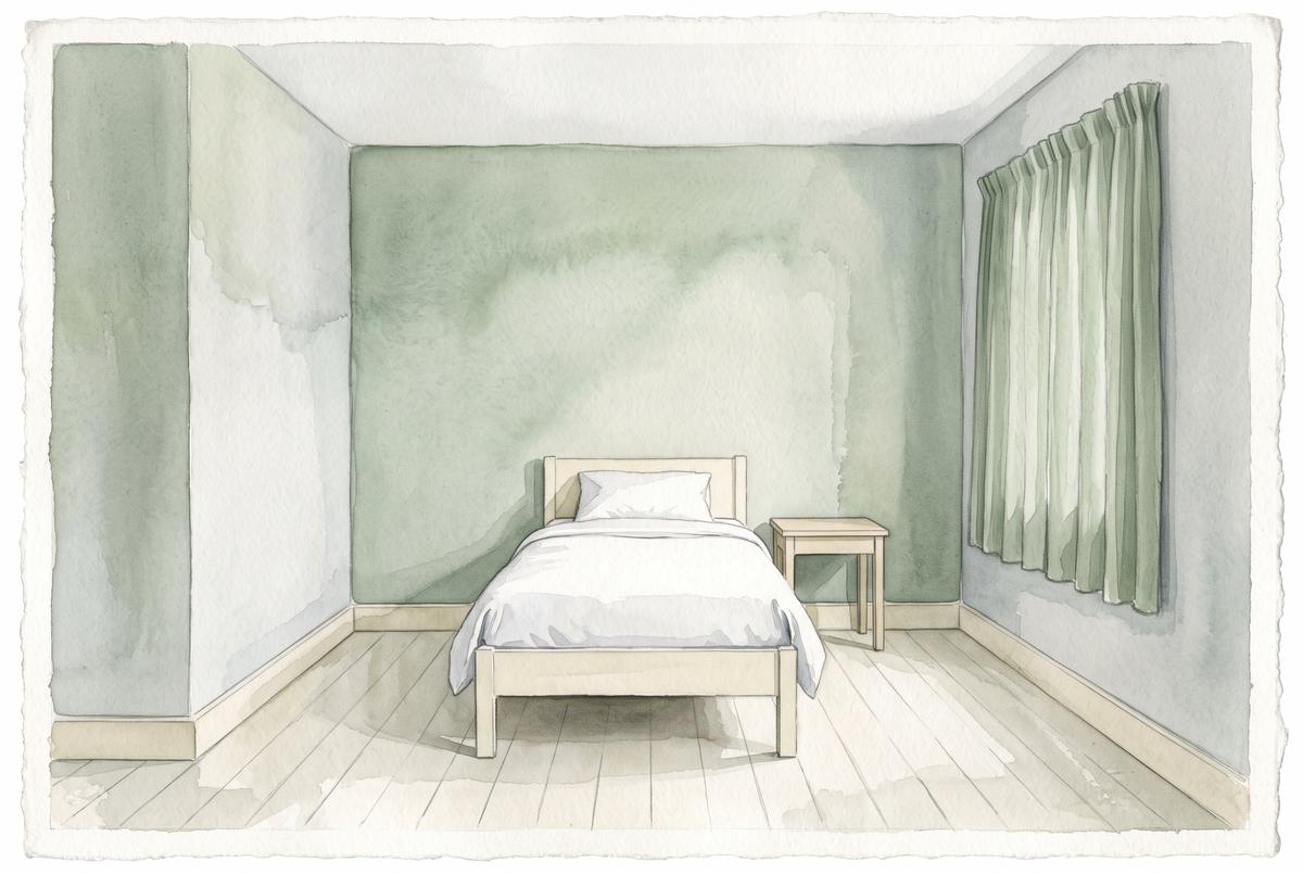 Watercolor illustration of a single neatly made bed in a plain unoccupied room with bare walls and a drawn curtain, nothing personal in the room, no people