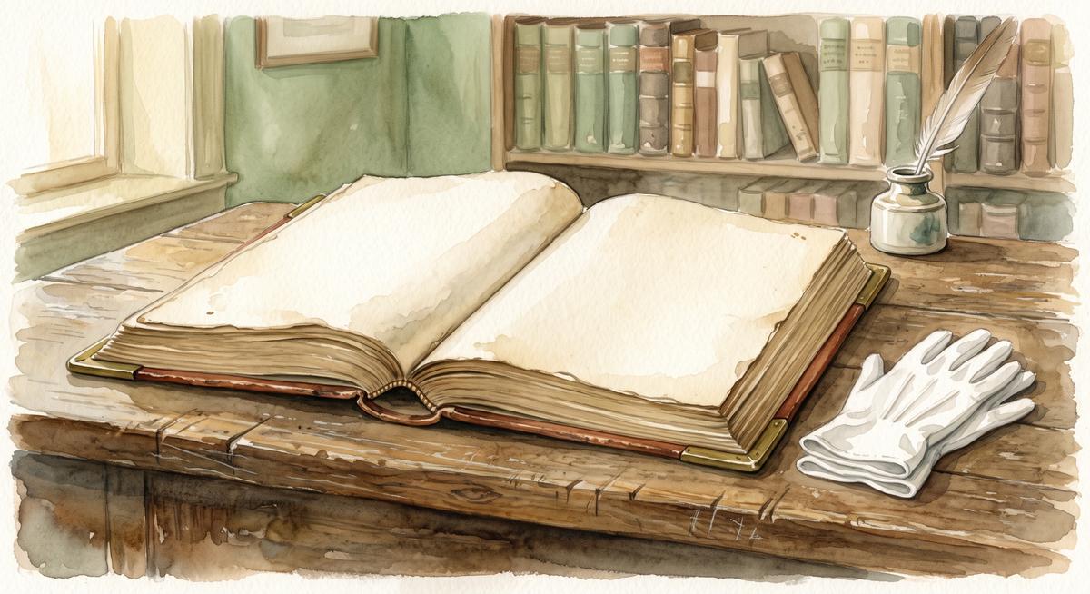 Watercolor illustration of a large bound land records ledger lying open with blank pages on a worn wooden table, folded white archival gloves and an inkwell beside it, no people