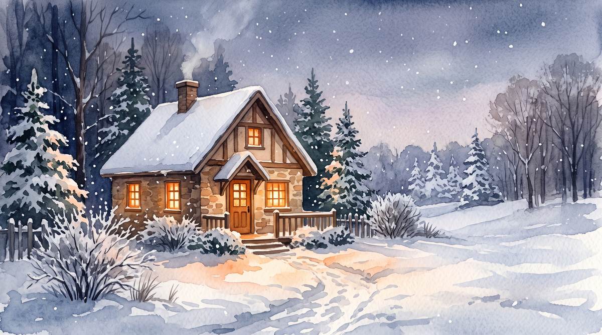 Watercolor illustration of a small stone house among snowy evergreens at dusk, snow falling, warm light from the windows spilling onto the snow outside.