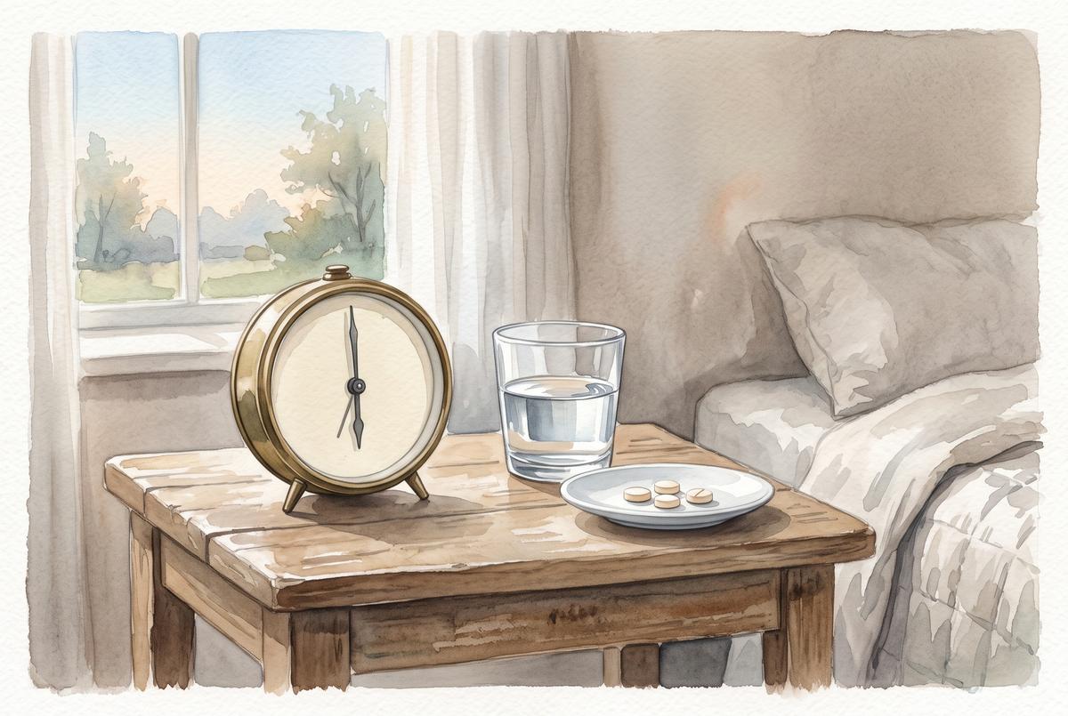 Watercolor illustration of a small brass clock with a plain undecorated face on a wooden side table beside a glass of water and a few tablets on a small saucer, early morning light from a window