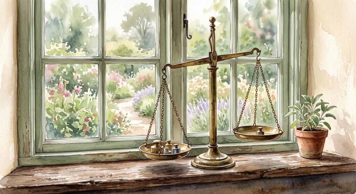 Watercolor illustration of an old brass balance scale on a weathered wooden windowsill with small weights in one pan, a garden visible through the window and a potted herb beside it, no people