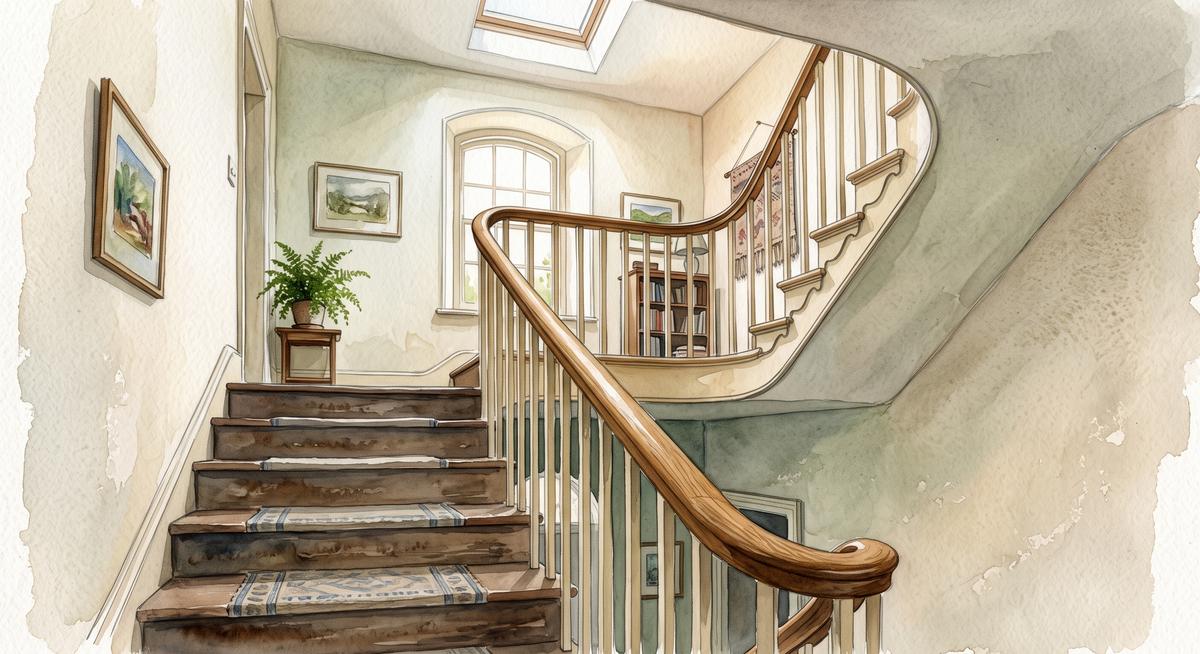 Watercolor illustration of a staircase inside a quiet house, a wooden handrail curving up toward a landing, daylight from a skylight and an arched window above.