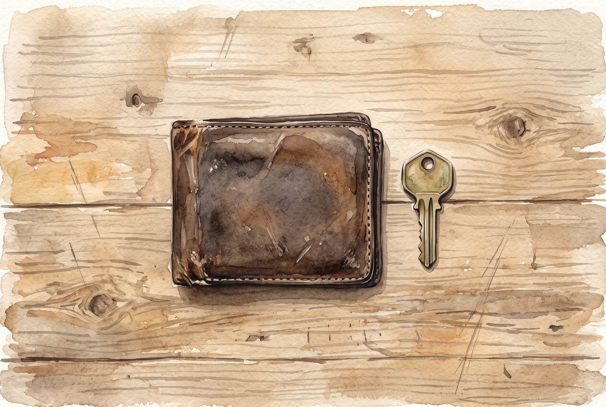 Watercolor illustration seen from above of a worn brown leather wallet lying closed on a bare wooden tabletop, a single brass house key resting beside it.