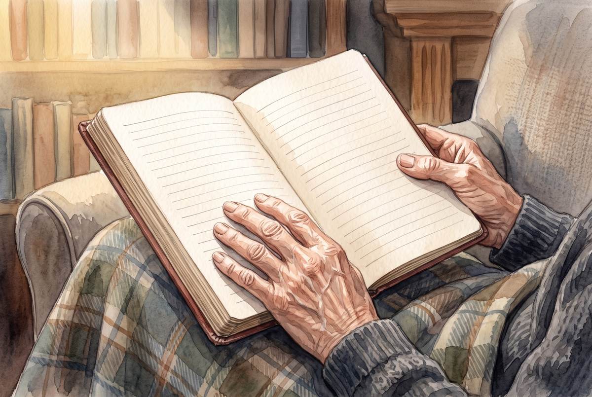 Watercolor close-up of a pair of older hands holding an open hardcover medical journal, a reading lamp glowing beyond the page
