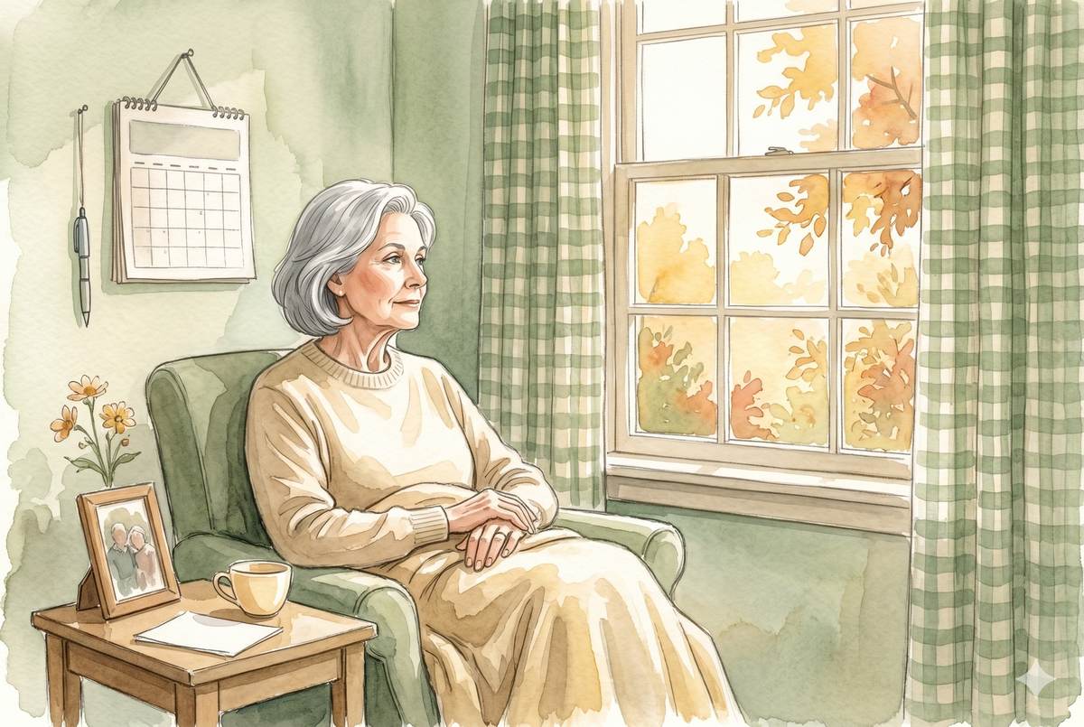 Watercolor illustration of an older woman sitting by a window with a soft blanket on her lap, afternoon light, a calendar on the wall
