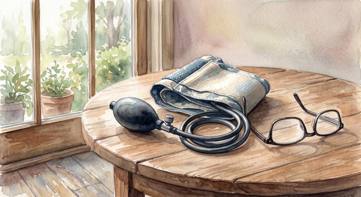 Watercolor illustration of a blood pressure cuff and its rubber bulb resting on a round wooden table beside a pair of reading glasses, morning light from a window of potted plants.
