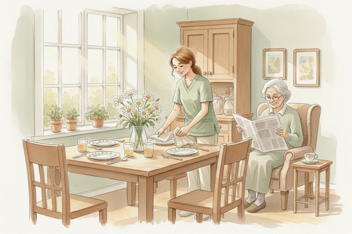 Watercolor illustration of a caregiver setting a dining table with fresh daisies while a senior woman reads the newspaper nearby