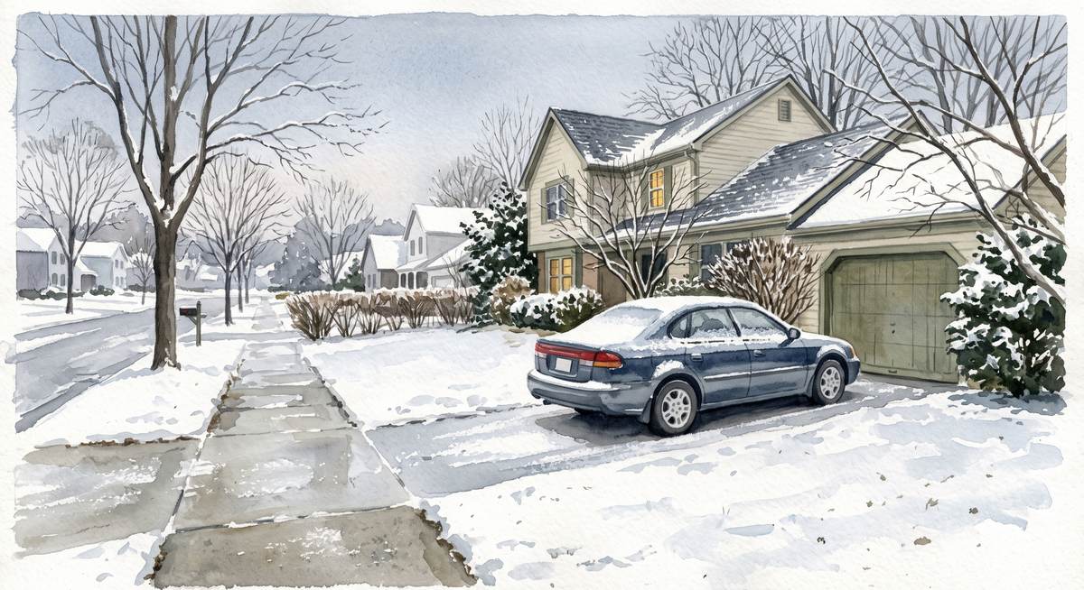 Watercolor illustration of a car parked in a residential driveway under a light dusting of early snow, unmoved, seen from the sidewalk.