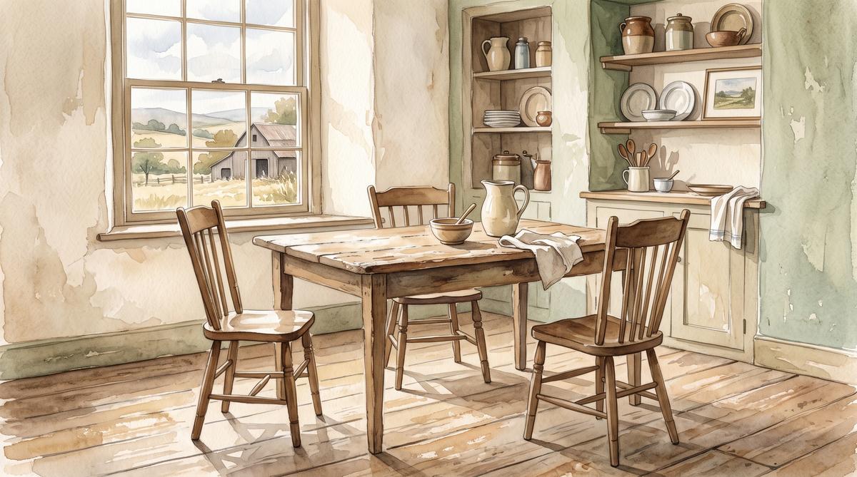 Watercolor illustration of an empty farmhouse kitchen table with three wooden chairs around it, each turned a slightly different way, warm daylight from a window across the floorboards.