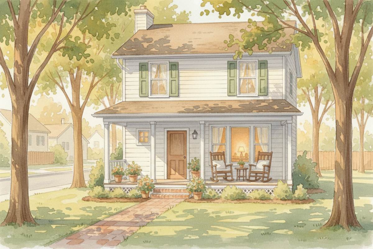 Watercolor illustration of a cozy two-story home with green shutters, rocking chairs on the porch, and trees in a quiet neighborhood